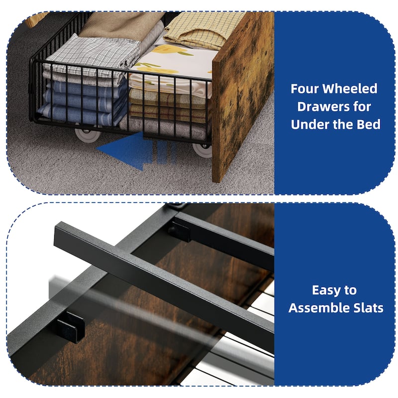 Moasis LED Bed Frame with Bookcase Headboard, 4 Storage Drawers and Type-C USB Charging Station