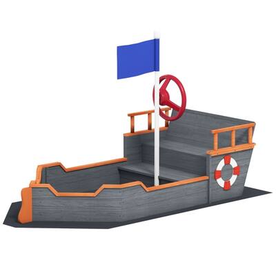 Dark Gray Pirate Ship Sandbox with Storage Bench and Fir Wood Construction for Kids Ages 3 to 6 Years