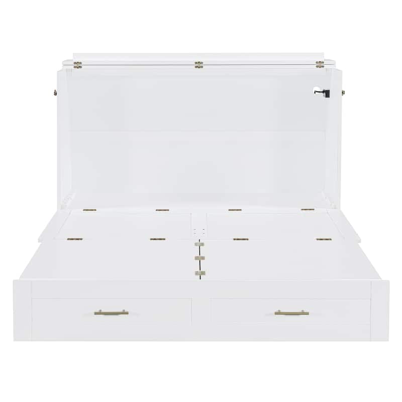 Full Size Murphy Bed Cabinet with Storage, Wooden Folding Wall Bed with Drawer and Charging Station, Hidden Cabinet Beds