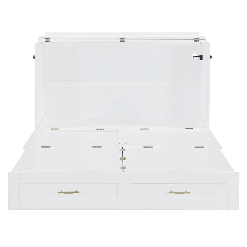 Full Size Murphy Bed Wall Bed with drawer and a set of Sockets & USB Ports, Pulley Structure Design, White