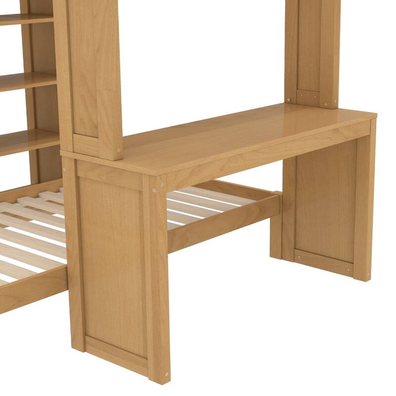 Full Over Twin Bunk Bed with Built-in Desk, Shelves and Wardrobe, Wood Bunk Bed Frame with Platform Bed and Loft Bed