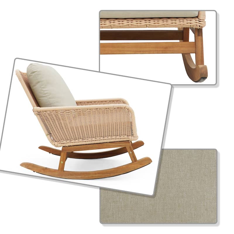 Classic Stylish PE Rattan Wicker Rocking Chair with Cushions and Solid Wood Legs, For Indoor and Outdoor Use