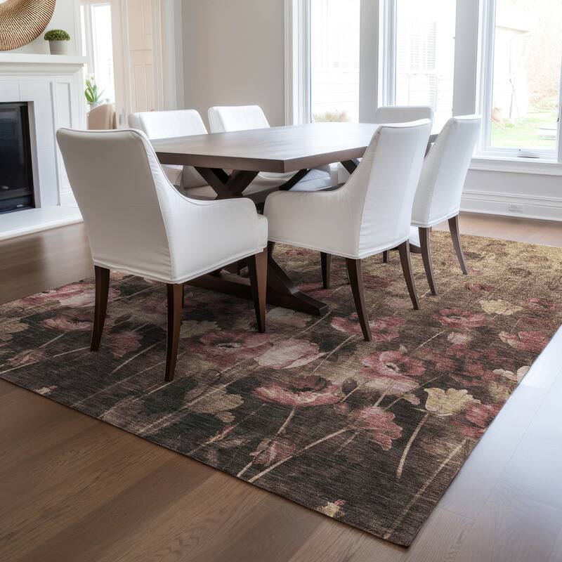 Machine Washable Indoor/ Outdoor Modern Floral Chantille Rug