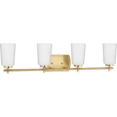 Adley Collection Four-Light Satin Brass Etched Opal Glass New Traditional Bath Vanity Light - 32 in x 6 in x 7.625 in