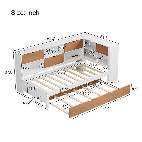 dimension image slide 1 of 2, Twin Bed Frame with Trundle Bed and Bookcase, Wooden Captain Bed Built-in Led Downlight and USB Port for Guest Room, Bedroom