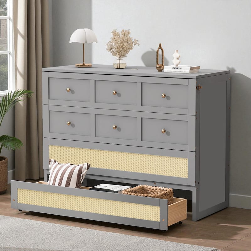 Full Size Murphy Bed with Large Storage Drawers, Space-Saving Foldable Wall Bed with Elegant Front Design