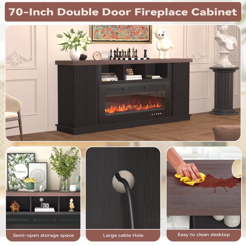 70" TV Stand for TVs up to 85" with Electric Fireplace, Vintage Double Door Cabinet, Dark Walnut, for Living Room & Bedroom