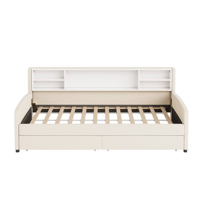 Twin Velvet Upholstered Bed Frame with Storage Drawers and Built-In Shelf, Platform Design with Plush Headboard