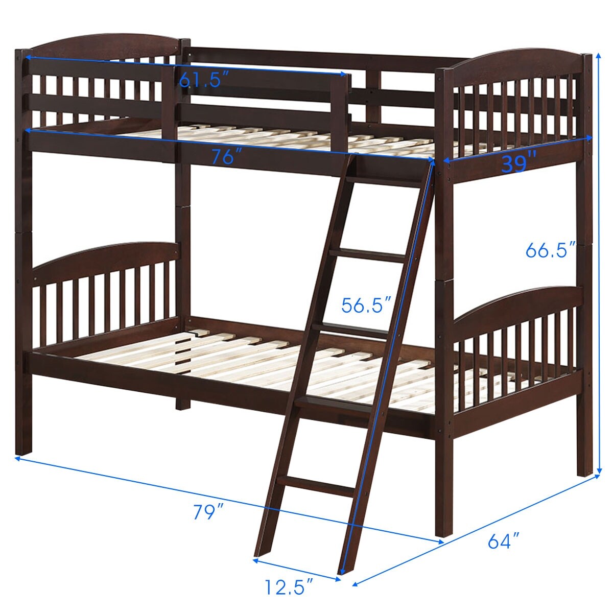 Costway Wood Solid Hardwood Twin Bunk Beds Detachable Kids Ladder Safety Rail Overstock 24043881