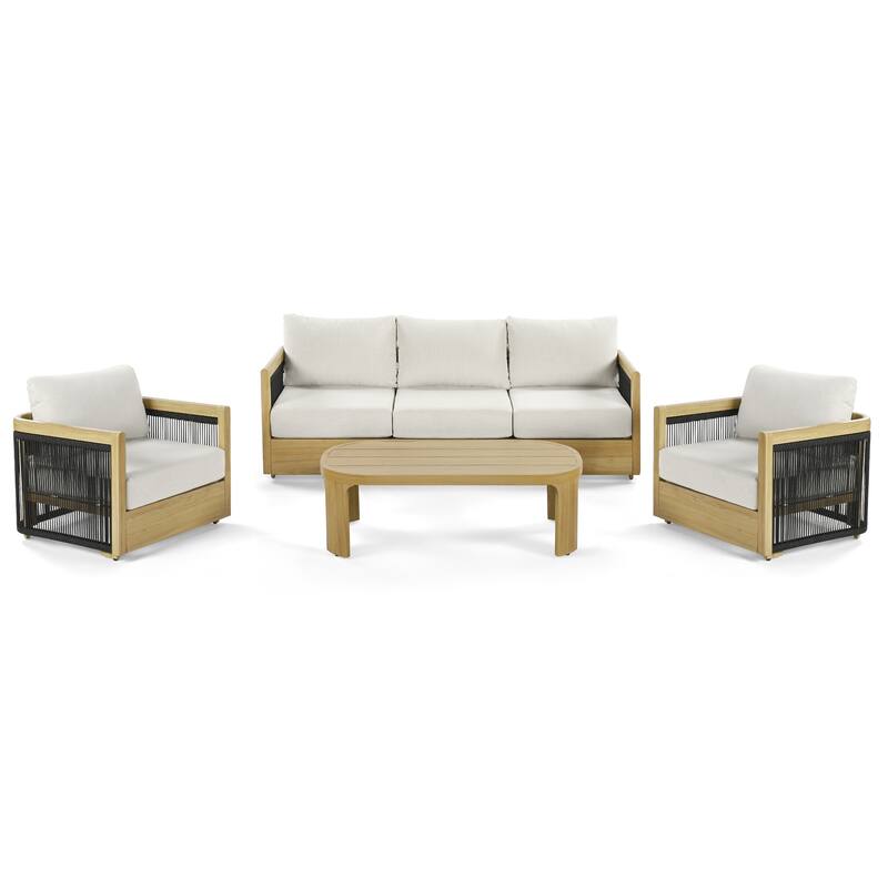 Overture 4-Piece Natural Wood Grain Aluminum Hand-Woven Rope Patio Conversation Set with Beige Cushions and Coffee Table