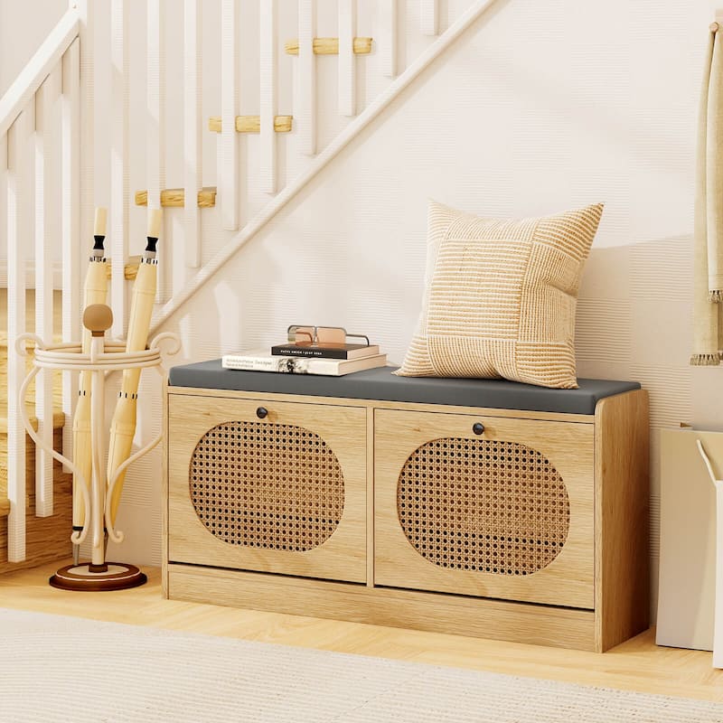 Costway Shoe Storage Bench with Cushion 2 Flip-over Doors & Adjustable - See Details