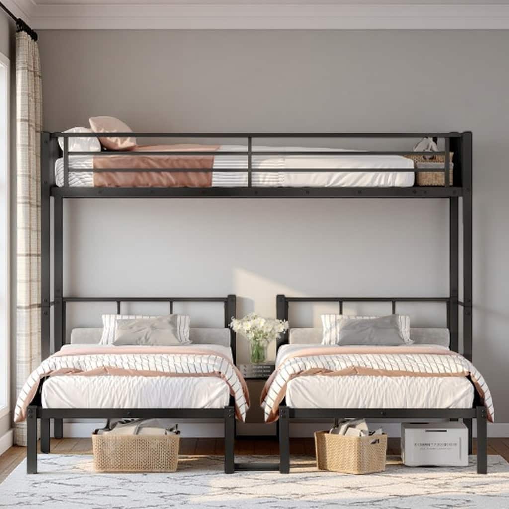 Metal Triple Bunk Bed for 3, Convertible Twin XL Over Twin & Twin Frame with Shelf, Ladder & Guardrails