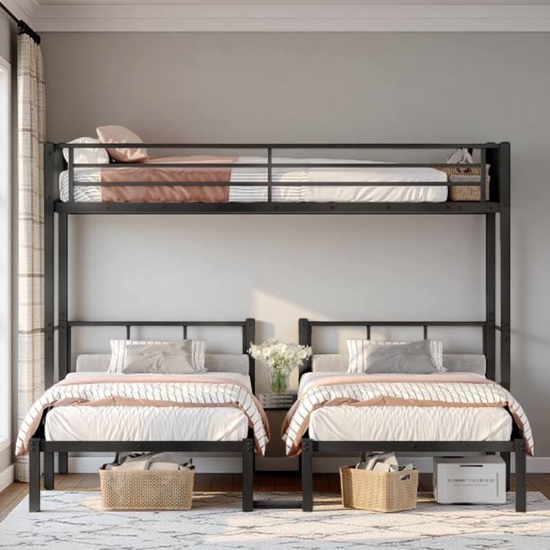 Metal Triple Bunk Bed for 3, Convertible Twin XL Over Twin & Twin Frame with Shelf, Ladder & Guardrails - Black