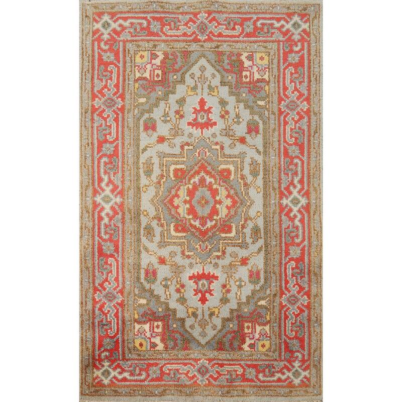 Hand Knotted Oriental 100% Wool Carpet Traditional Medallion Navy Blue & Blues Heriz (serapi) Area Rug - 5' 1'' X 3' 0''