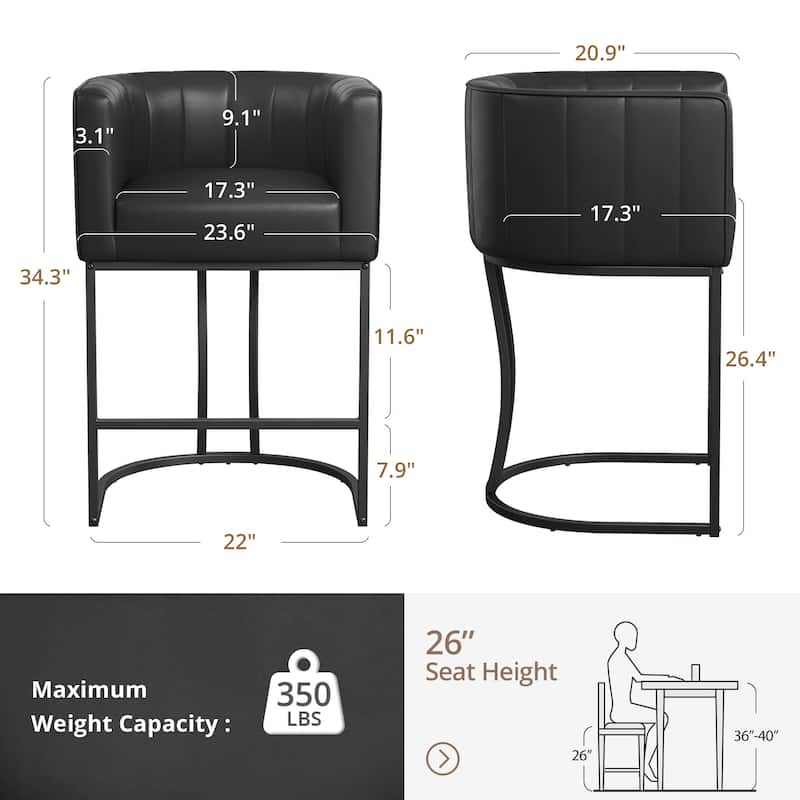 LUE BONA Modern 26.in Low Back Barstool Counter Height Stool Upholstered/PU Leather Barrel Bar Stools with Metal Frame