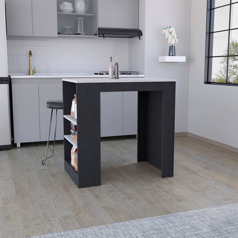 TUHOME Portree Kitchen Island with 3 Side Shelves - Black/Ibiza Marble