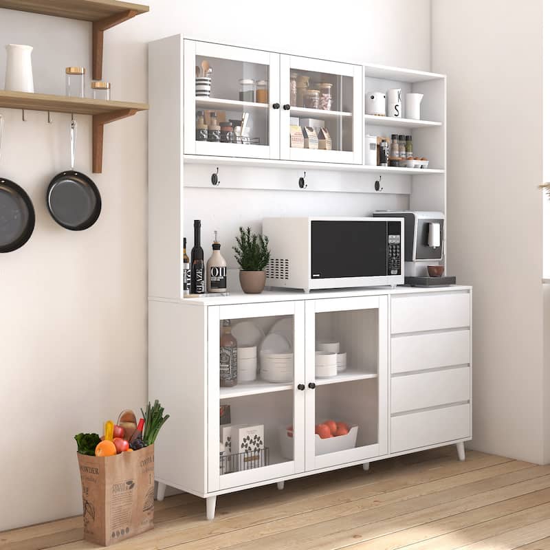 63" Large Kitchen Hutch Cabinet with Operation Table, Freestanding Pantry Cabinets with 4 Drawers, Storage Coffee Bar Cabinet - White