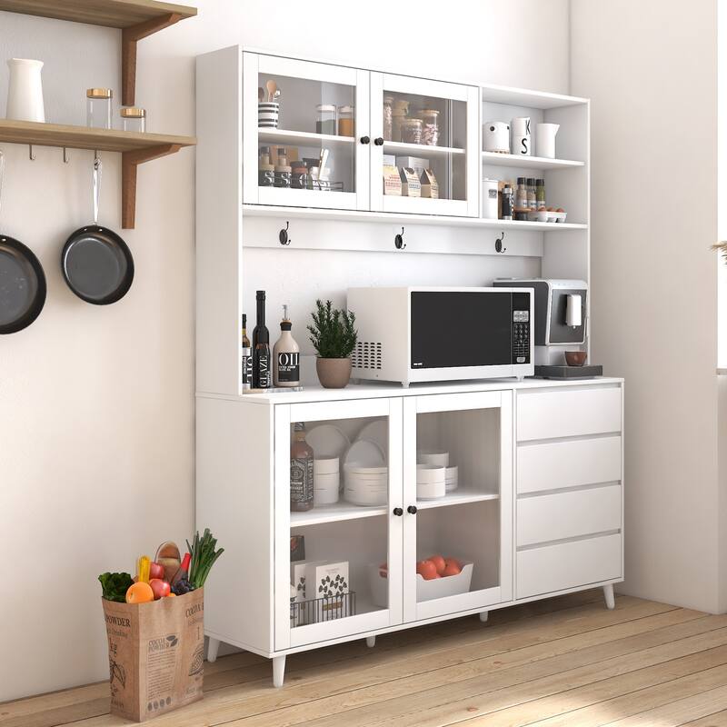 Modern Large Kitchen Hutch Cabinet with 4 Doors, 4 Drawers and Microwave Shelf - White