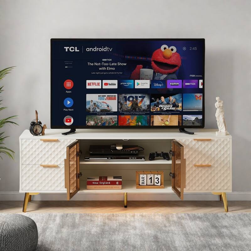 59.9" Modern Geometric TV Stand with 4 Drawers and 2 Shelves - High-End Tempered Glass and Aluminum Desig - White
