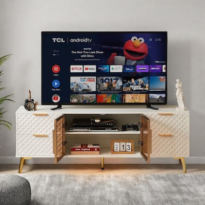 59.9" Modern Geometric TV Stand with 4 Drawers and 2 Shelves - High-End Tempered Glass and Aluminum Desig
