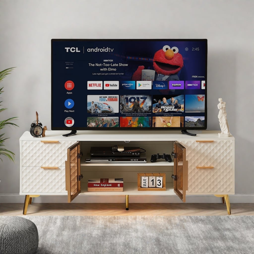 59.9" Modern Geometric TV Stand with 4 Drawers and 2 Shelves - High-End Tempered Glass and Aluminum Desig