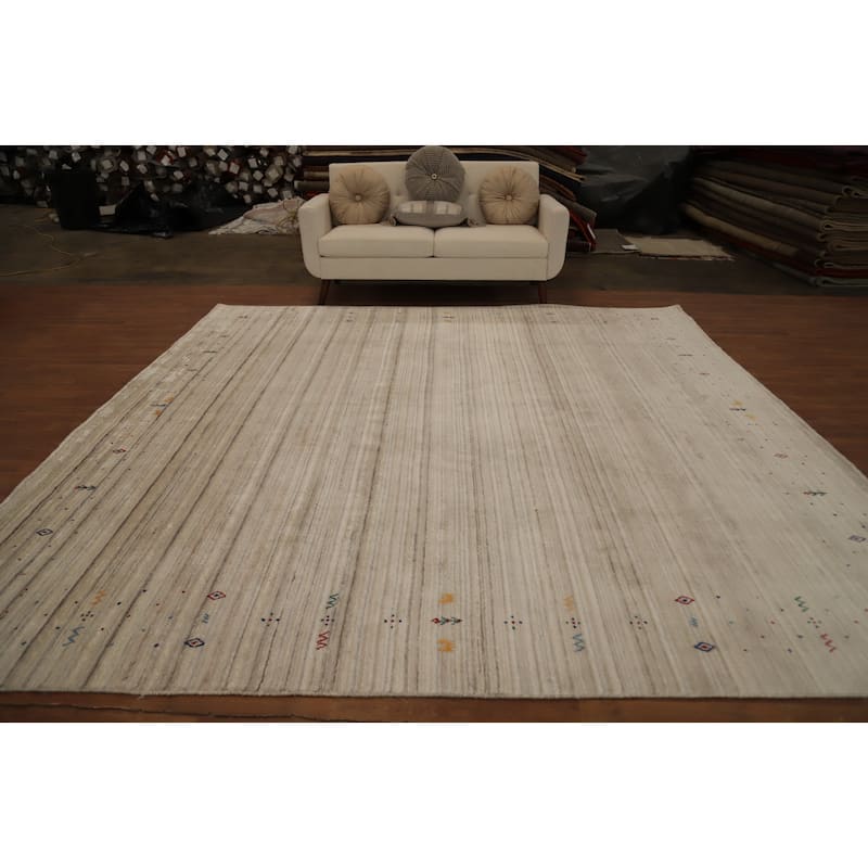 Hand Knotted Oriental Viscose Silk Carpet Tribal Animal Pictorial Beige & Ivories Gabbeh Area Rug - 9' 10'' X 10' 1''