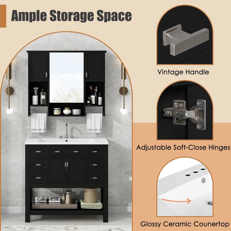 Bathroom Furniture Set of 2 - Vanity Cabinet with 6 Drawers and Open Shelf, Mirror Cabinet with 2 Towels Bars and 3 Open Shelves