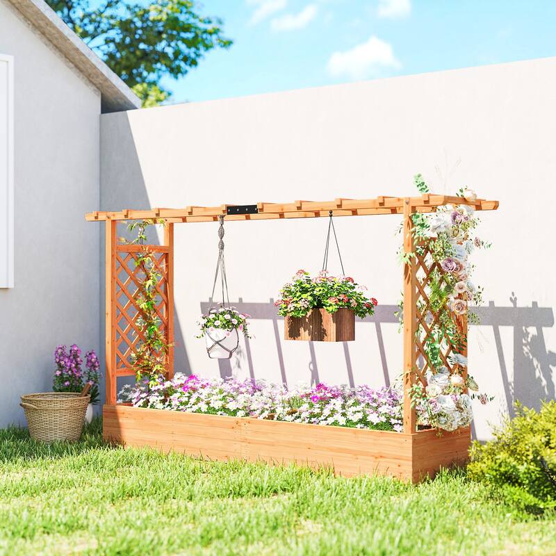 Outsunny Raised Garden Bed with Trellis, Wooden Planter Box with Hanging Roof and Drainage Holes,78.7" x 17.3" x 44.7" - Brown
