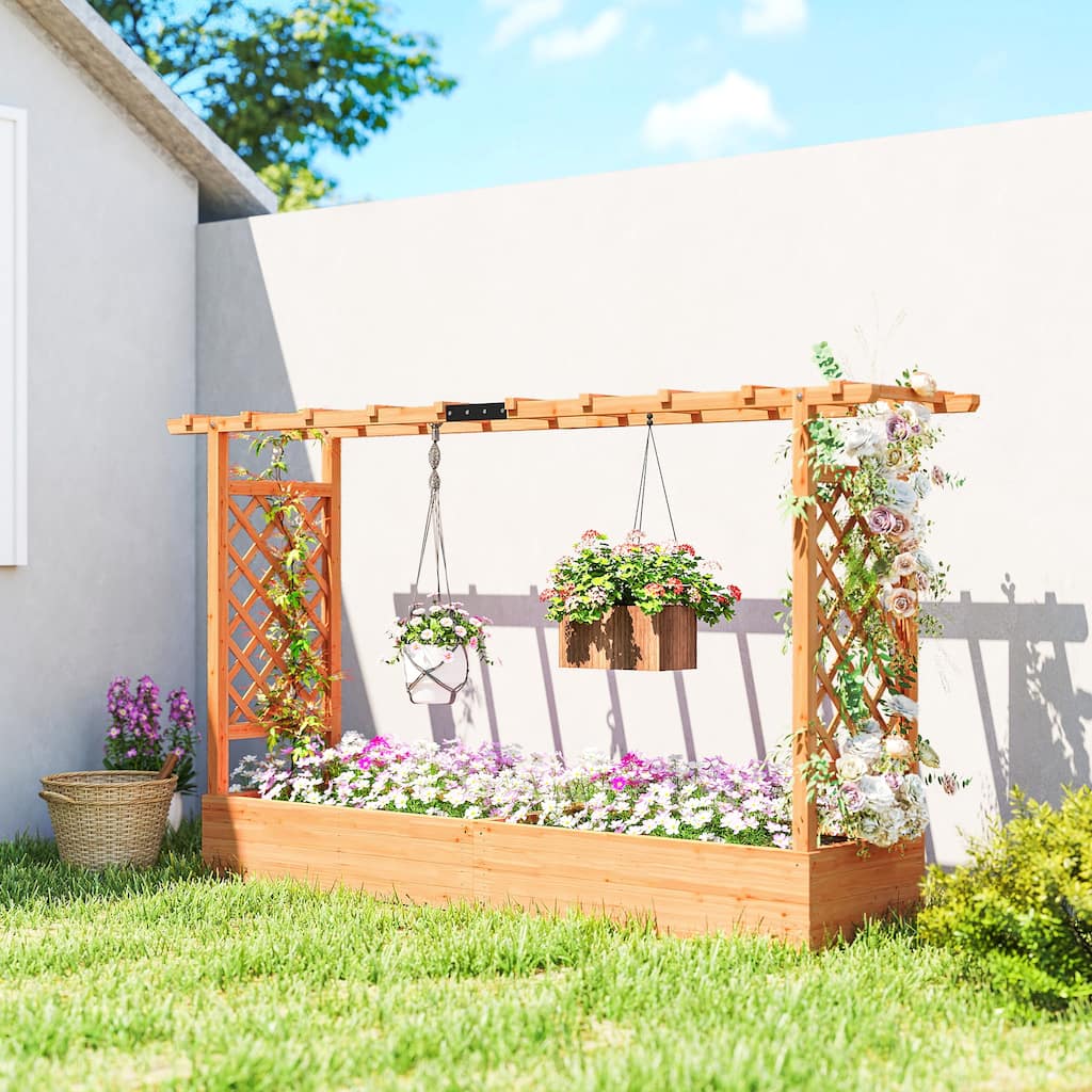 Outsunny Raised Garden Bed with Trellis, Wooden Planter Box with Hanging Roof and Drainage Holes,78.7" x 17.3" x 44.7"
