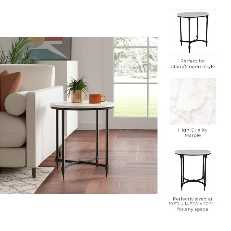 Marble Side Table Round Top Metal Base Small Spaces Home Decor