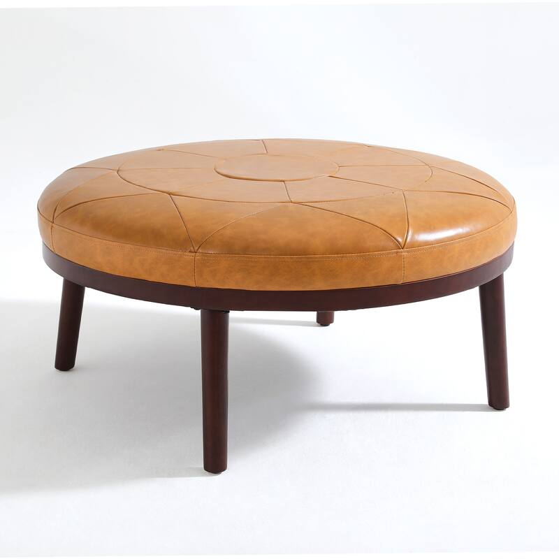 UIXE Full Grain Genuine Italian Leather Round Ottoman Modern Oversize Side Tble