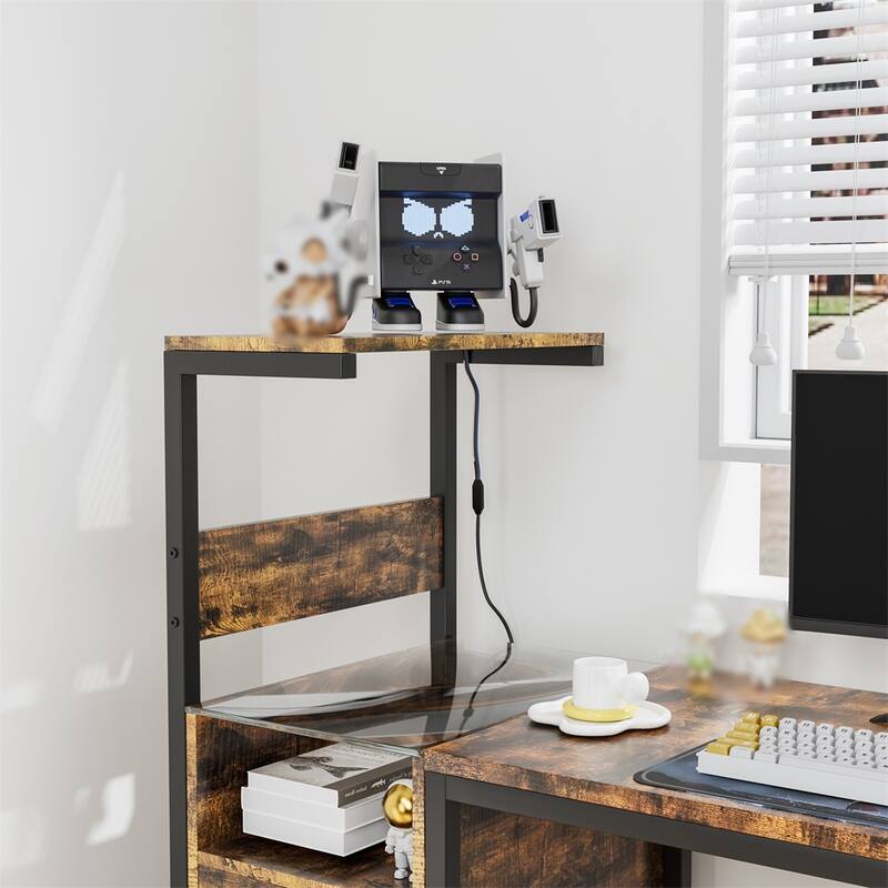 Computer Desk With Power Outlet And Reversible Storage Shelves, Study Writing Table With 2 Sockets And 2 USB Ports