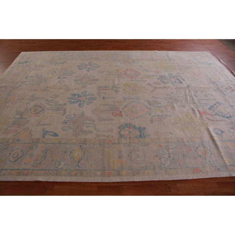Hand Knotted Oriental 100% Wool Carpet Transitional All-Over Beige & Ivories Oushak Area Rug - 12' 5'' X 8' 7''