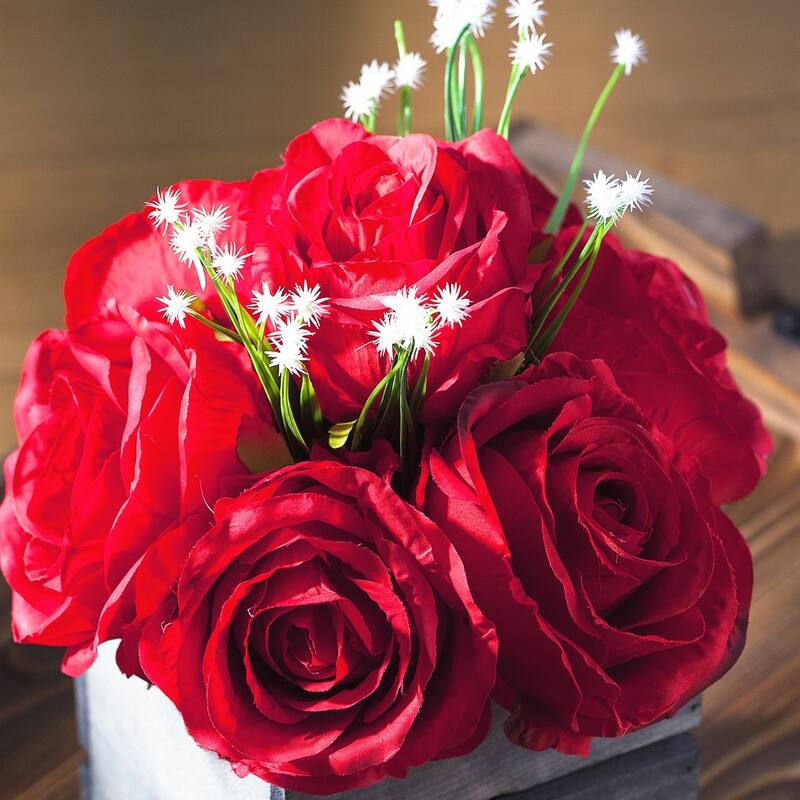 Enova Home Artificial Mixed Silk Roses Fake Flowers Arrangement with Wood Planter for Home Wedding Centerpiece