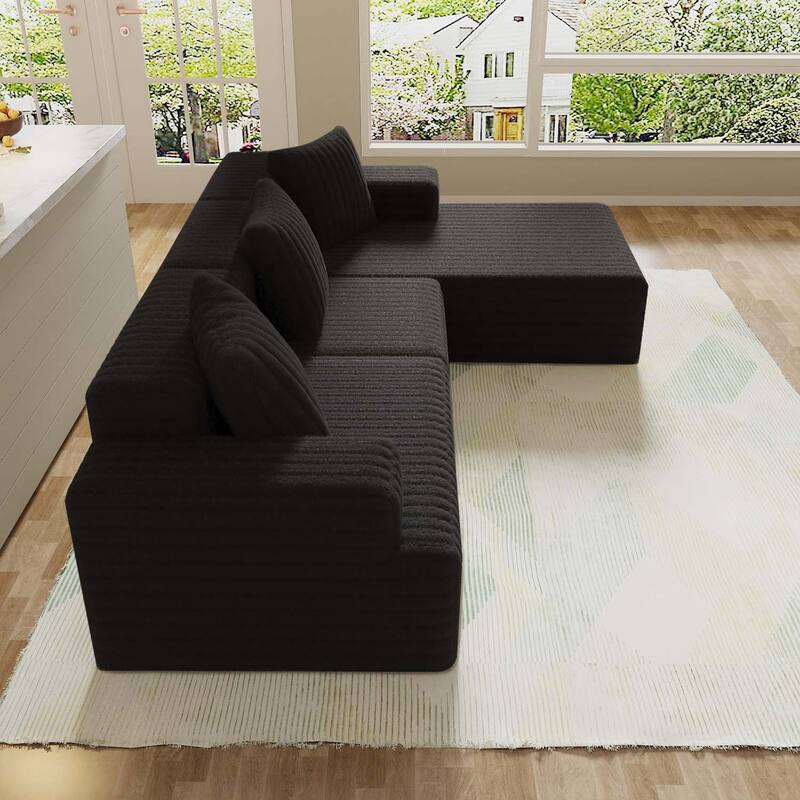 Compression Sectional Sofa with L Shape Chaise, Corduroy Deep Seat Boneless Couches, Modular 3 Seat Corner Sofa