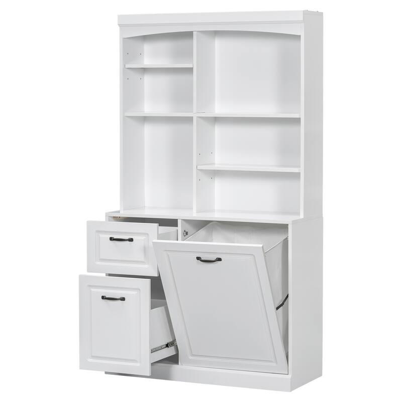 Bathroom Tall Free Standing Cabinet Storage Floor Cabinet w/ Adjustable Shelves, Drawers, Tilt-Out Linen Hamper & Steel Handles
