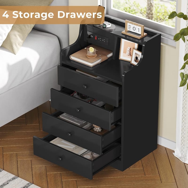 Nightstand with Drawers Charging Station End Side Table with Hutch