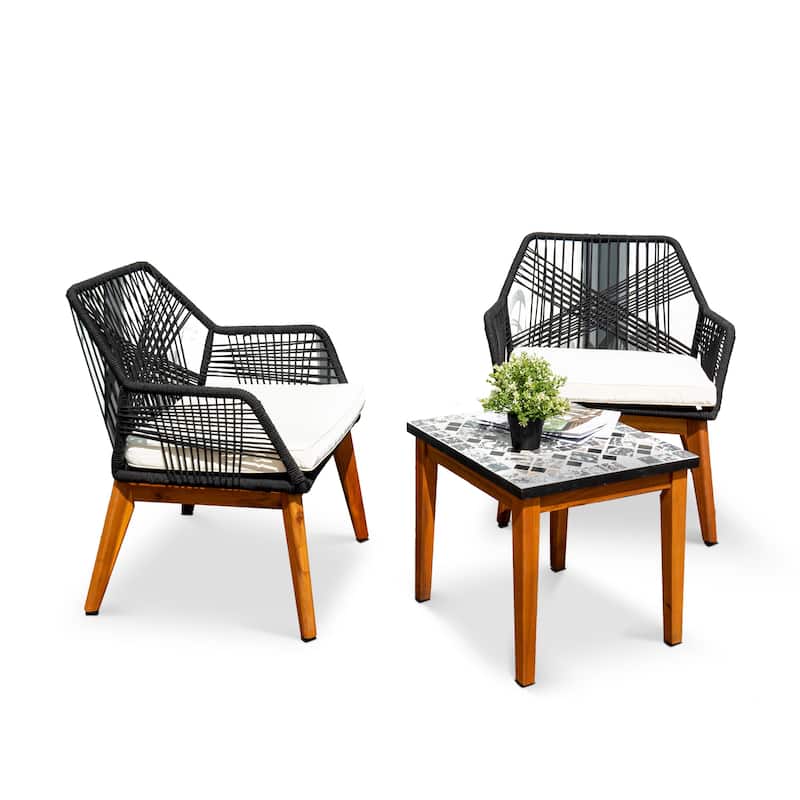M4H Lucena Solid Wood Outdoor Rope Chair Set with Ceramics Table - Black