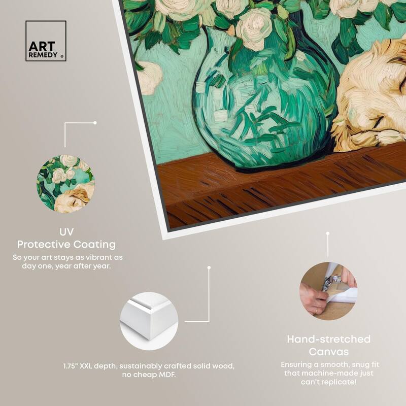 Rose Vase Puppy Canvas by Art Remedy