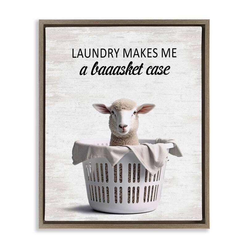 Stupell Funny Lamb Laundry Basket Framed Floater Canvas Wall Art Design By Lettered and Lined - 17 x 21 - Brown
