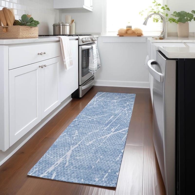 Machine Washable Indoor/ Outdoor Chantille Contemporary Crackle Rug - Blue - 2'3" x 7'6"
