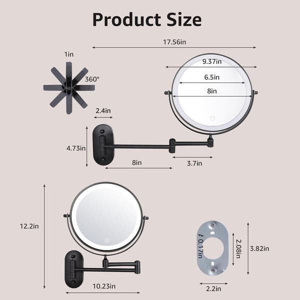 dimension image slide 5 of 6, Yulika Rechargeable Lighted Wall Mounted Makeup Mirror with 3 Color Lights Double Sided 1X/10X or 1X/7X