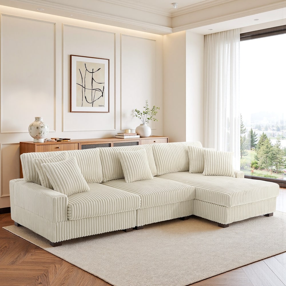118.3" W Plush Corduroy Square Arm Upholstered Sectional Modular Sofa