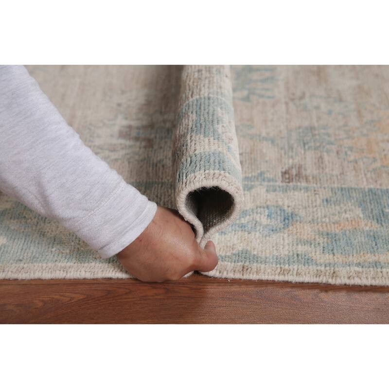 Hand Knotted Oriental 100% Wool Carpet Transitional All-Over Beige & Ivories Oushak Runner Rug - 7' 11'' X 3' 3''