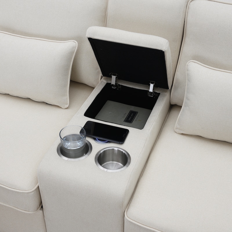 114.2" Upholstered Sofa with Console, 2 Cupholders and 2 USB Ports Wired Modern Linen Fabric Couches with 4 Pillows (4-Seat)
