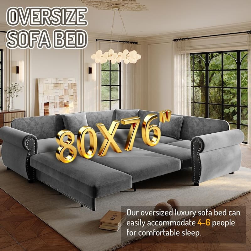 88.2" L-Shaped Sleeper Sectional Sofa with Pull-Out Bed - Chenille Convertible Couch, Nailhead Trim, for Living Room