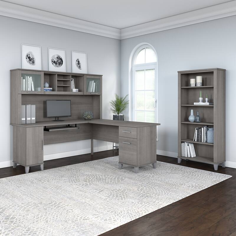 Somerset 72W L Shaped Desk with Hutch and 5 Shelf Bookcase - 	Platinum Gray