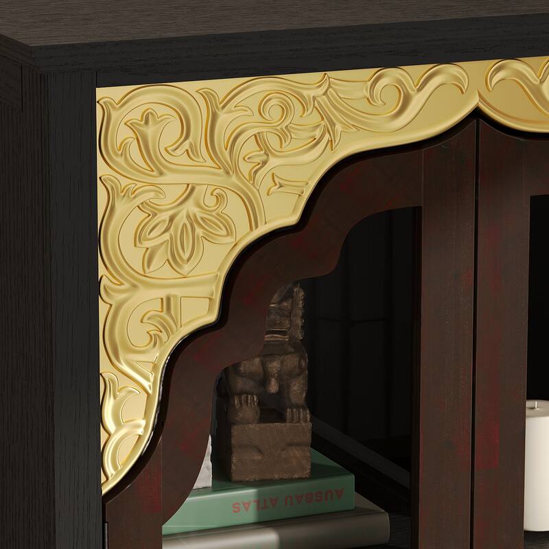 Asian Style Display Cabinet with Glass Doors Accent Curio Cabinet with Drawer Solid Wood and Tempered Glass Storage Shelf
