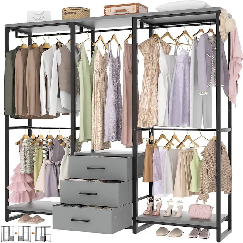 All in One Multifunctional Garment Rack with 3 Fabric Drawers and Shoe Storage Heavy Duty Closet Organizer - Black
