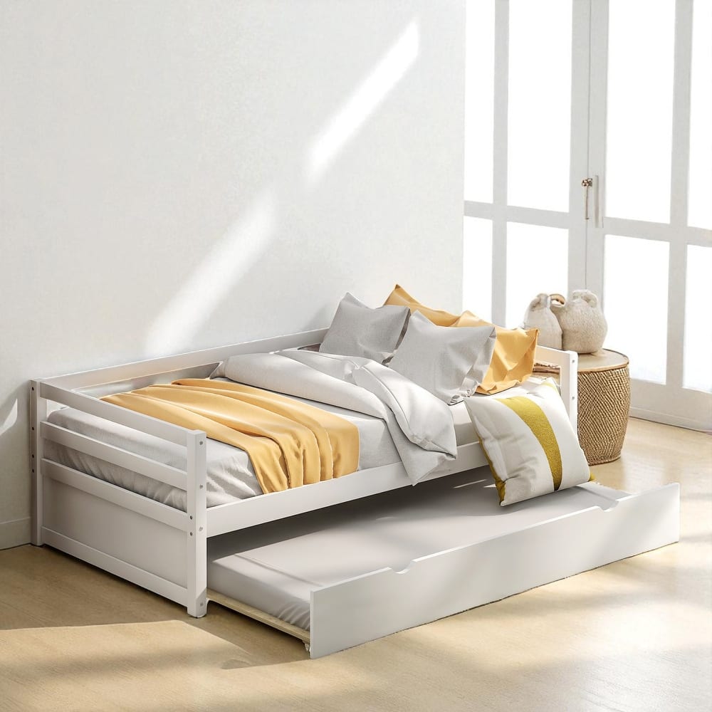 Twin Size Wood Daybed with Trundle, Solid Pine Frame, Guardrails and No Box Spring Required